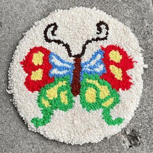 VTG Handcrafted Butterfly Punch Needle Round Rug Wall Hanging 13"